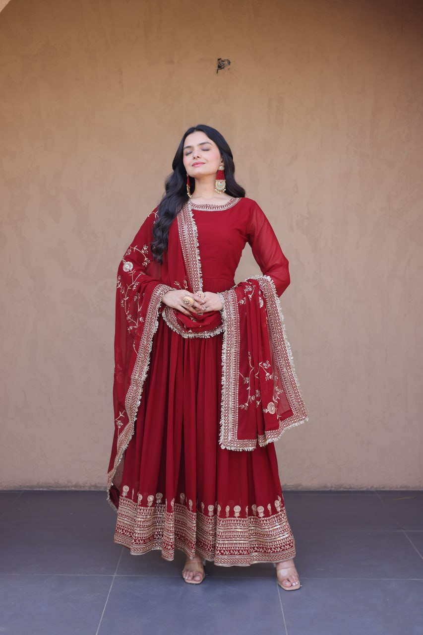 Maroon Designer Zari Sequins Gown ClothsVilla