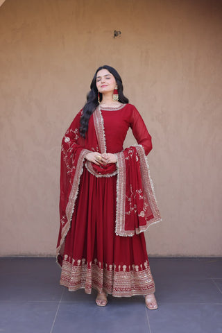 Maroon Designer Zari Sequins Gown ClothsVilla