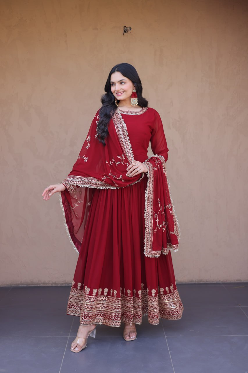 Maroon Designer Zari Sequins Gown ClothsVilla