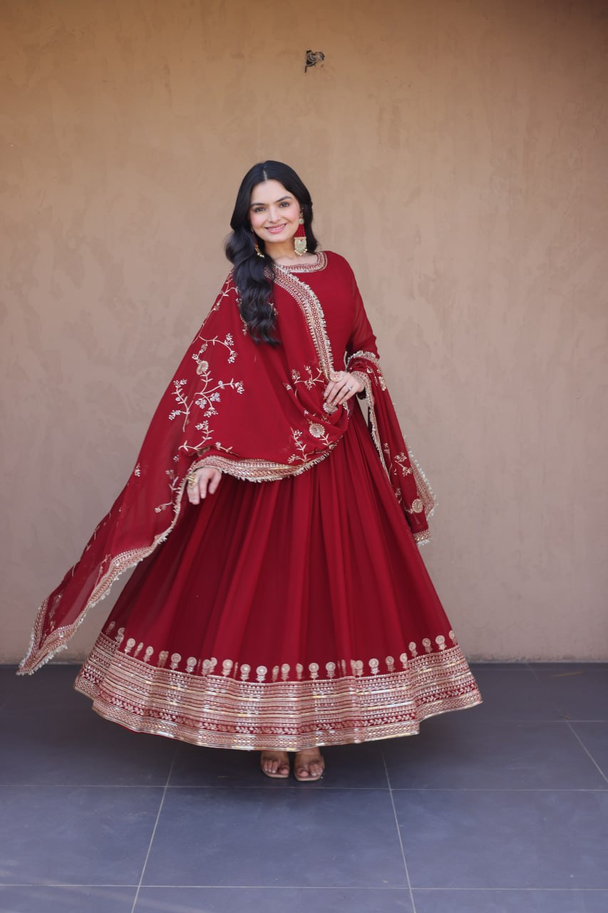 Maroon Designer Zari Sequins Gown ClothsVilla