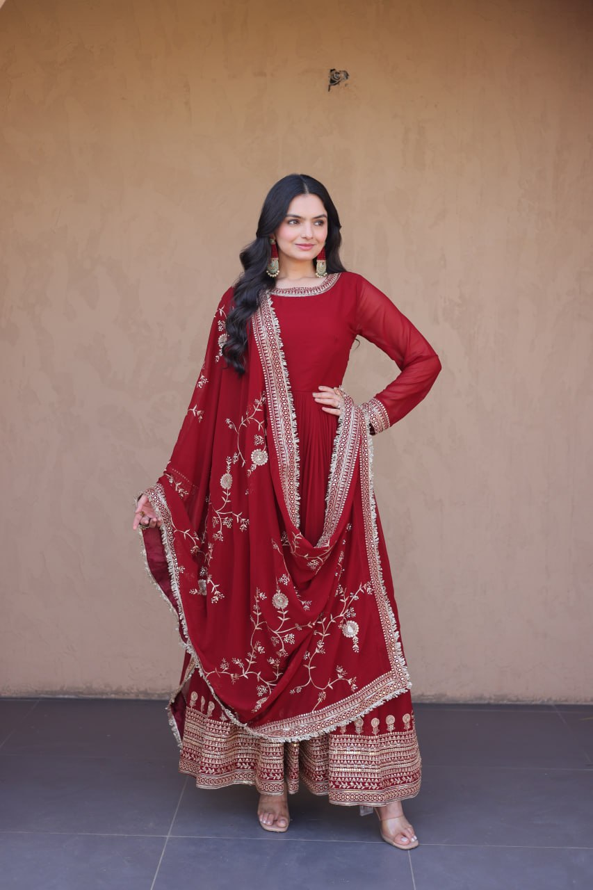 Maroon Designer Zari Sequins Gown ClothsVilla