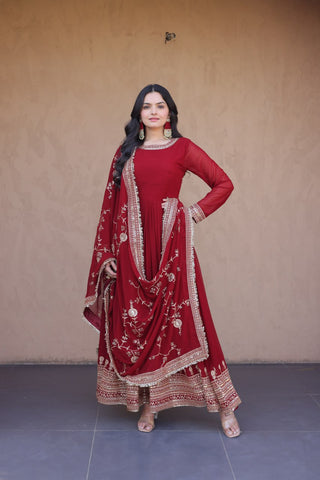 Maroon Designer Zari Sequins Gown ClothsVilla
