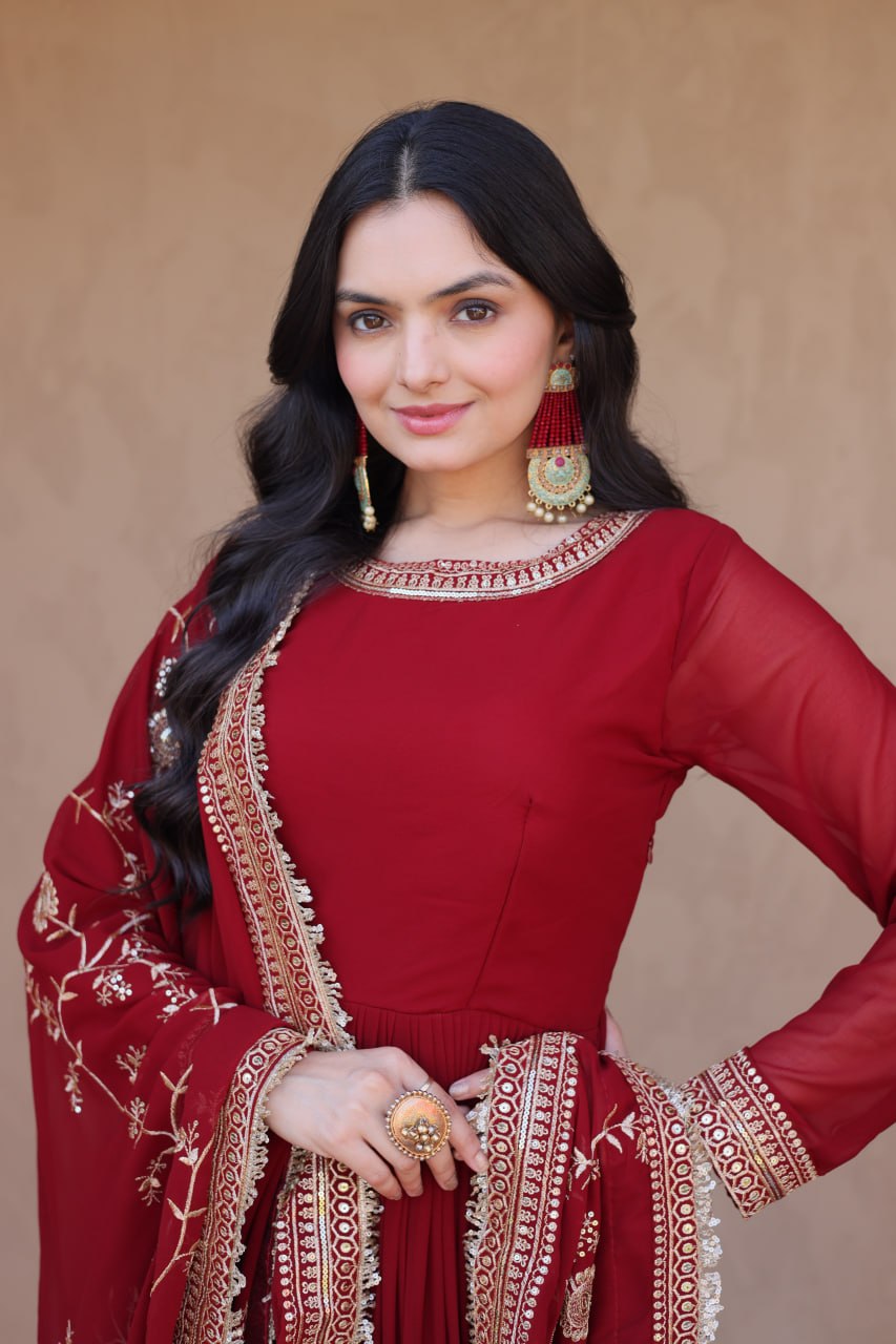 Maroon Designer Zari Sequins Gown ClothsVilla