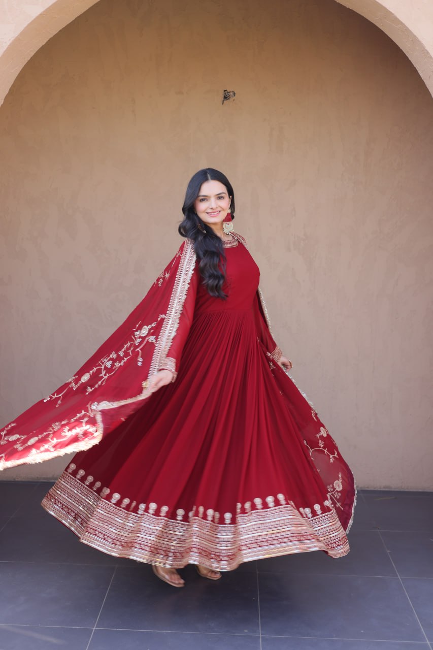 Maroon Designer Zari Sequins Gown ClothsVilla