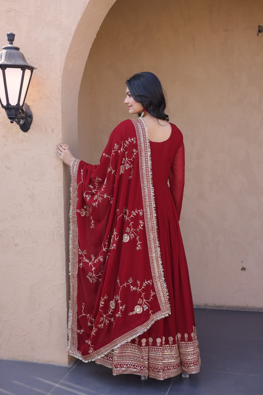 Maroon Designer Zari Sequins Gown ClothsVilla