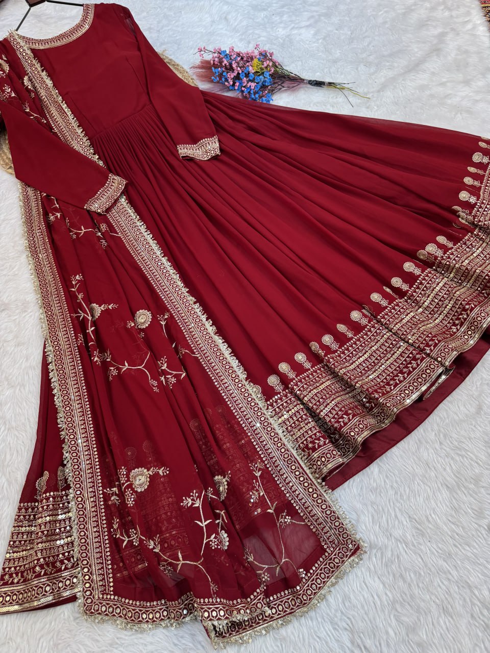 Maroon Designer Zari Sequins Gown ClothsVilla
