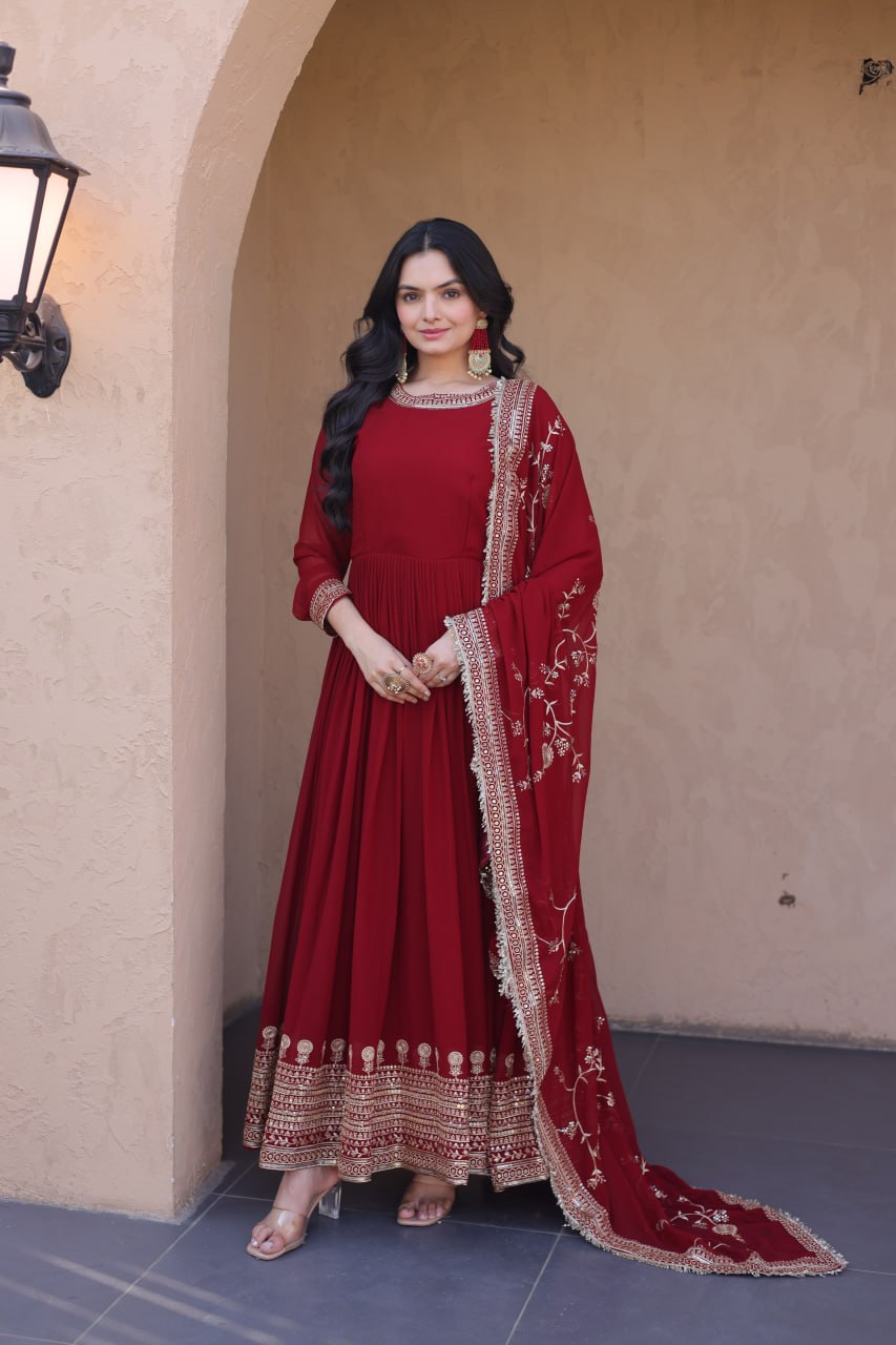 Maroon Designer Zari Sequins Gown ClothsVilla