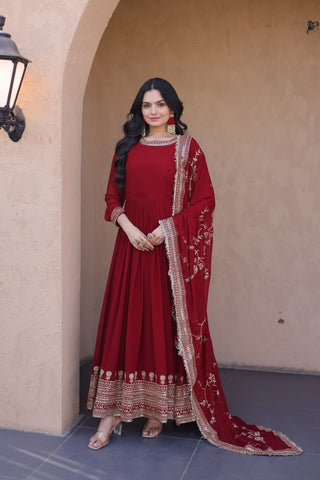 Maroon Designer Zari Sequins Gown ClothsVilla