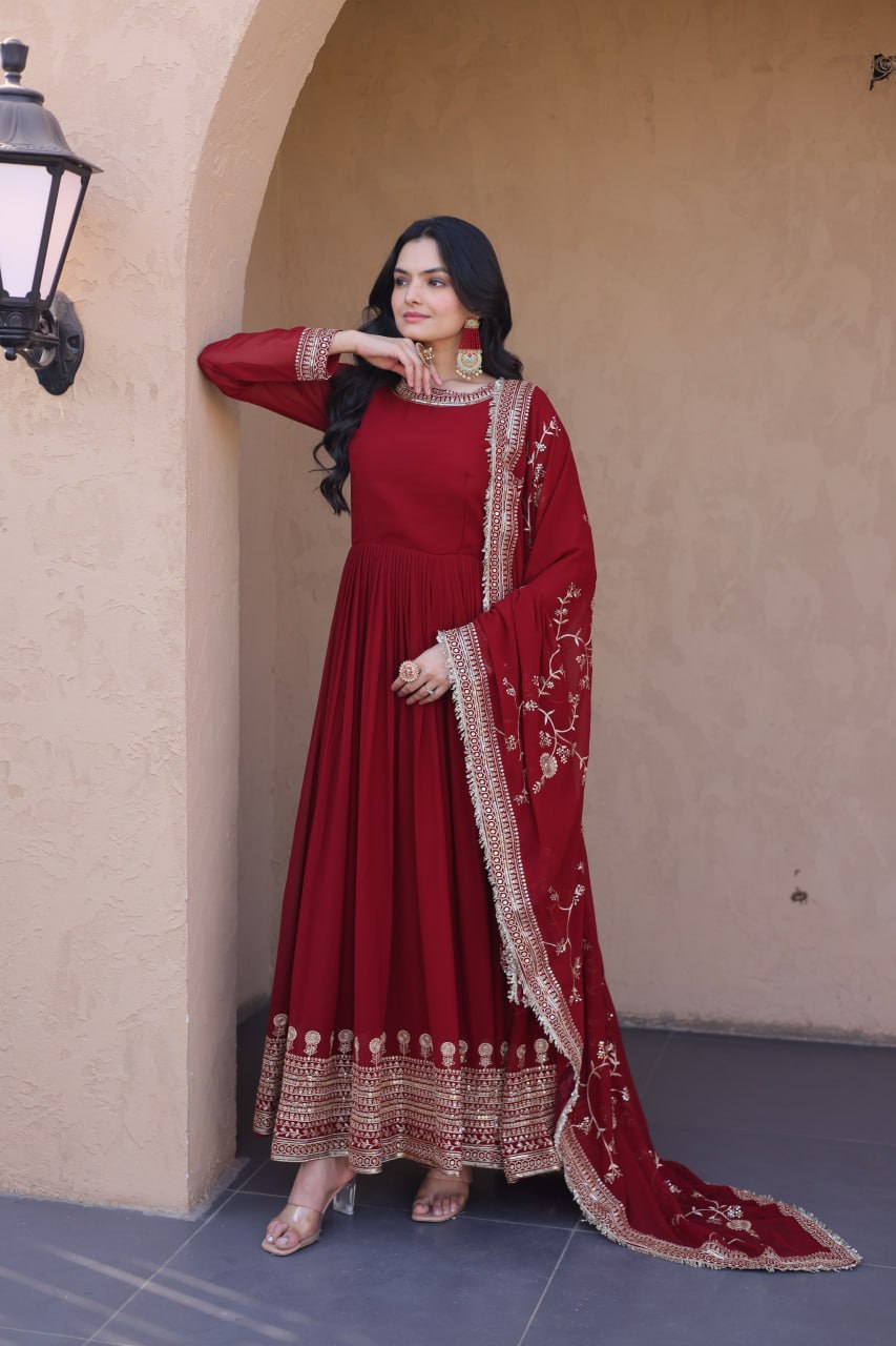 Maroon Designer Zari Sequins Gown ClothsVilla