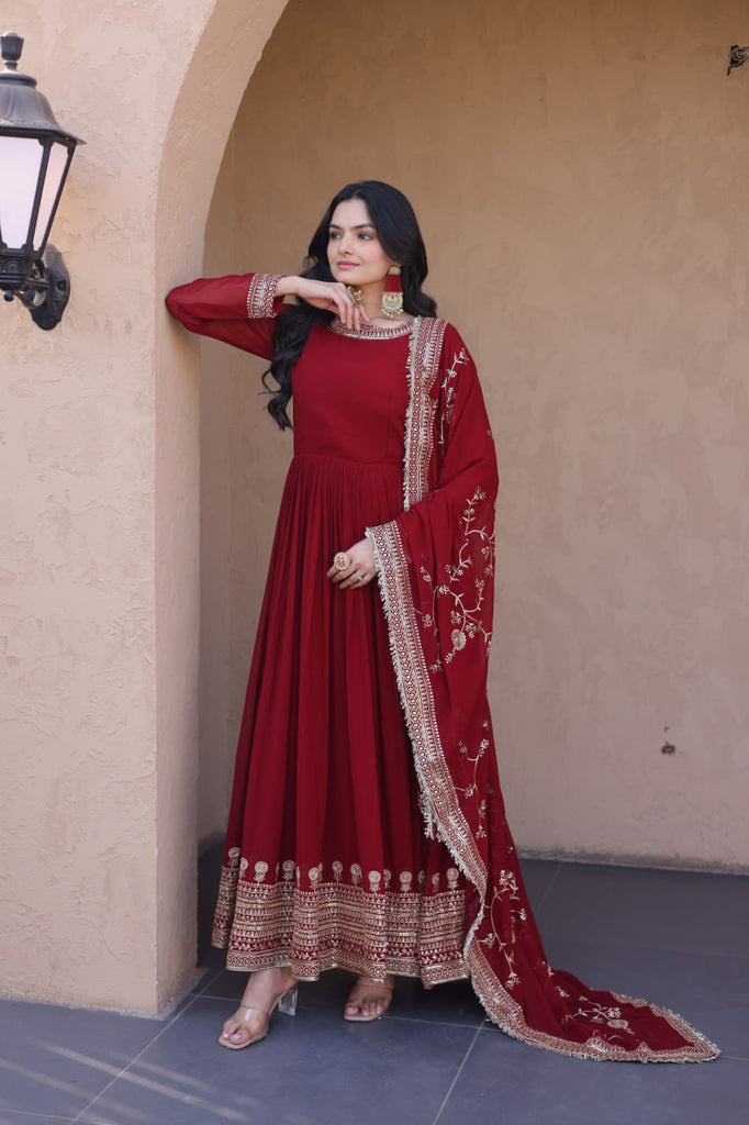 Maroon Designer Zari Sequins Gown ClothsVilla
