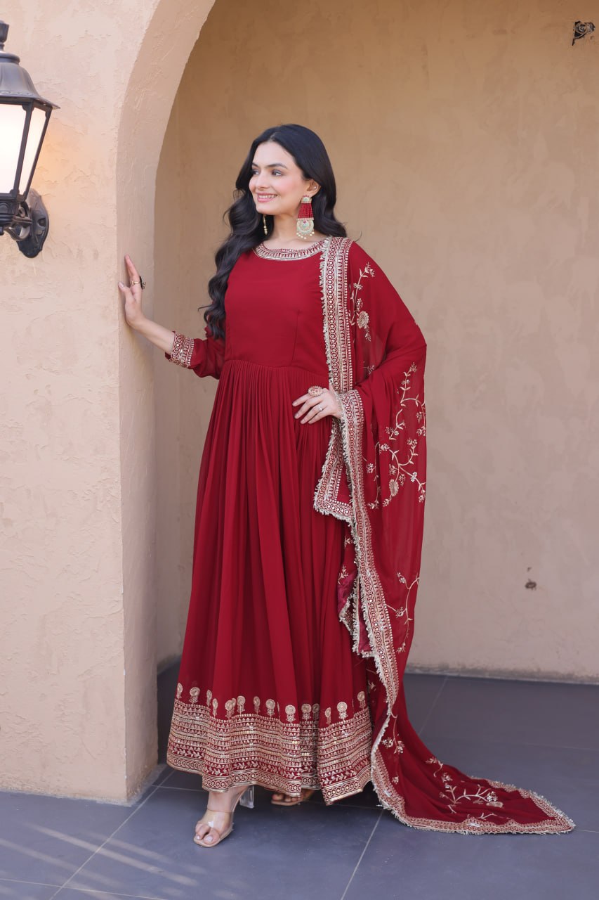Maroon Designer Zari Sequins Gown ClothsVilla