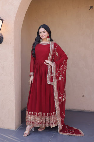 Maroon Designer Zari Sequins Gown ClothsVilla