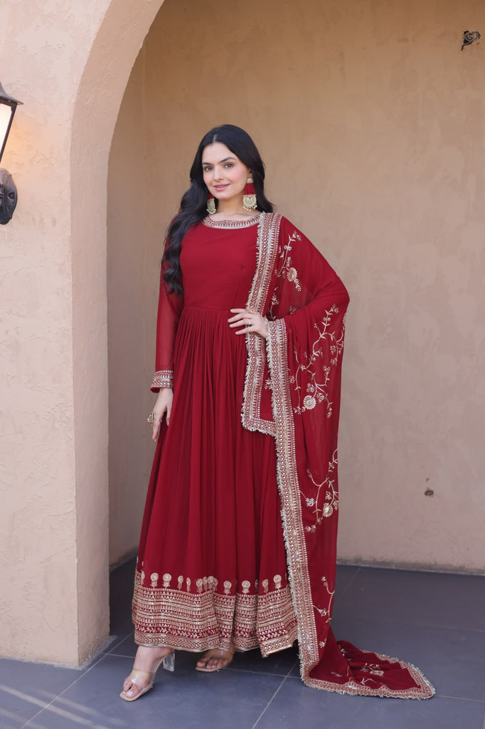 Maroon Designer Zari Sequins Gown ClothsVilla