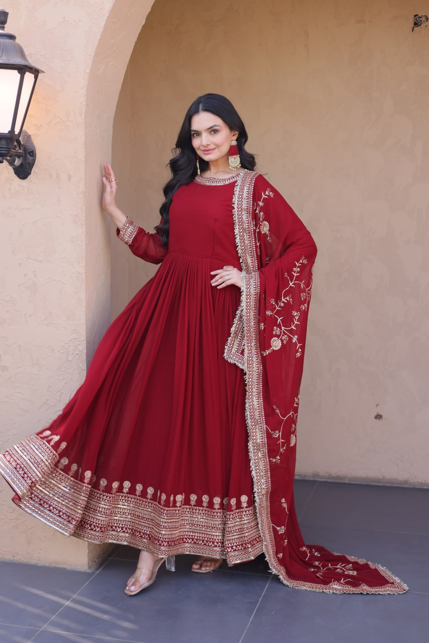 Maroon Designer Zari Sequins Gown ClothsVilla