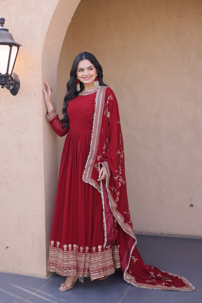 Maroon Designer Zari Sequins Gown ClothsVilla