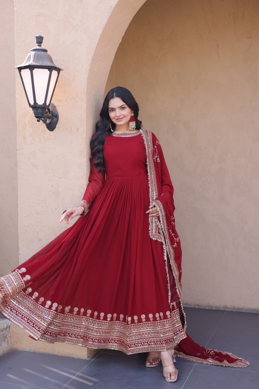 Maroon Designer Zari Sequins Gown ClothsVilla