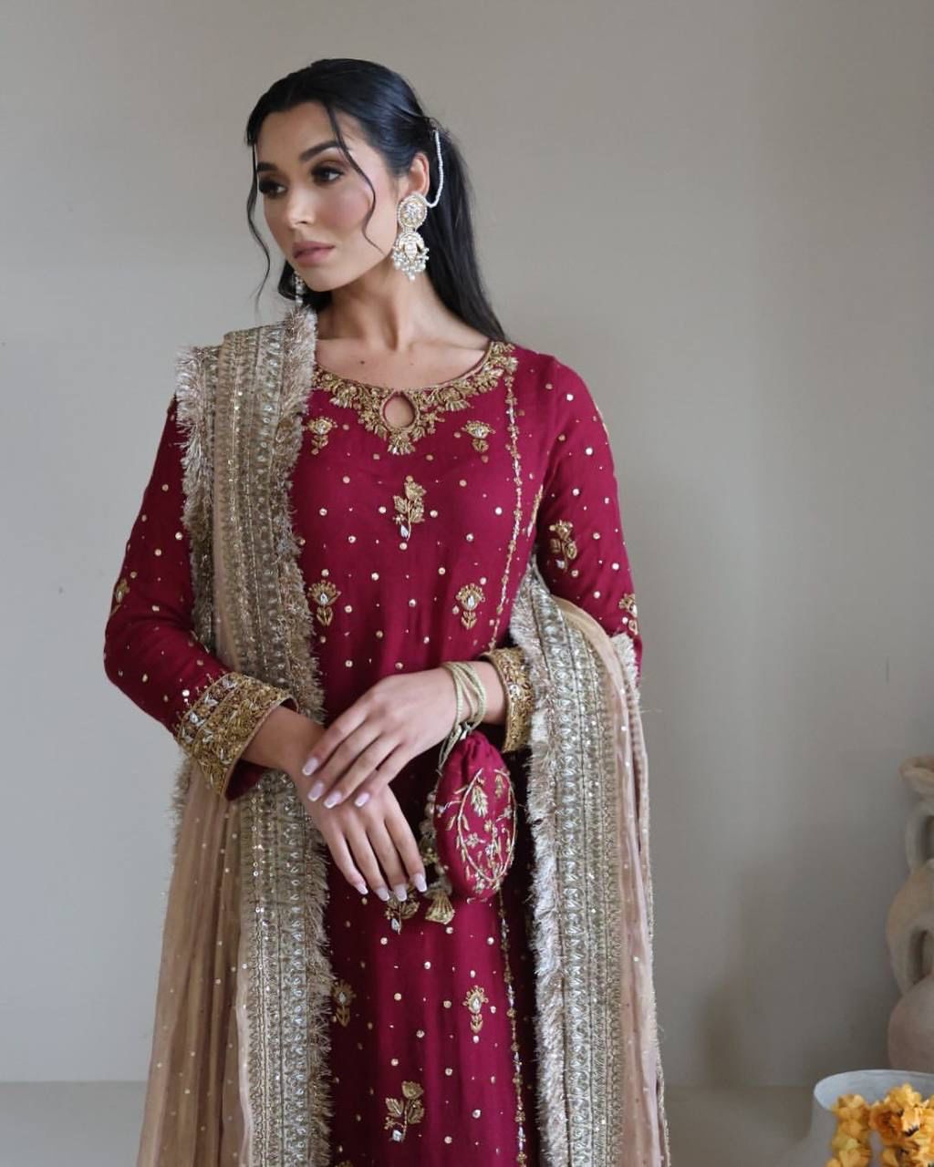 Maroon Desirable Faux Georgette Co-Ord Set with Sequin Top, Pant & Dupatta Fully Stitched ClothsVilla