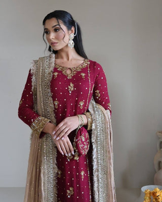 Maroon Desirable Faux Georgette Co-Ord Set with Sequin Top, Pant & Dupatta Fully Stitched ClothsVilla