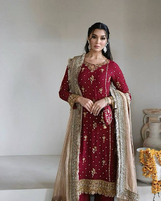 Maroon Desirable Faux Georgette Co-Ord Set with Sequin Top, Pant & Dupatta Fully Stitched ClothsVilla