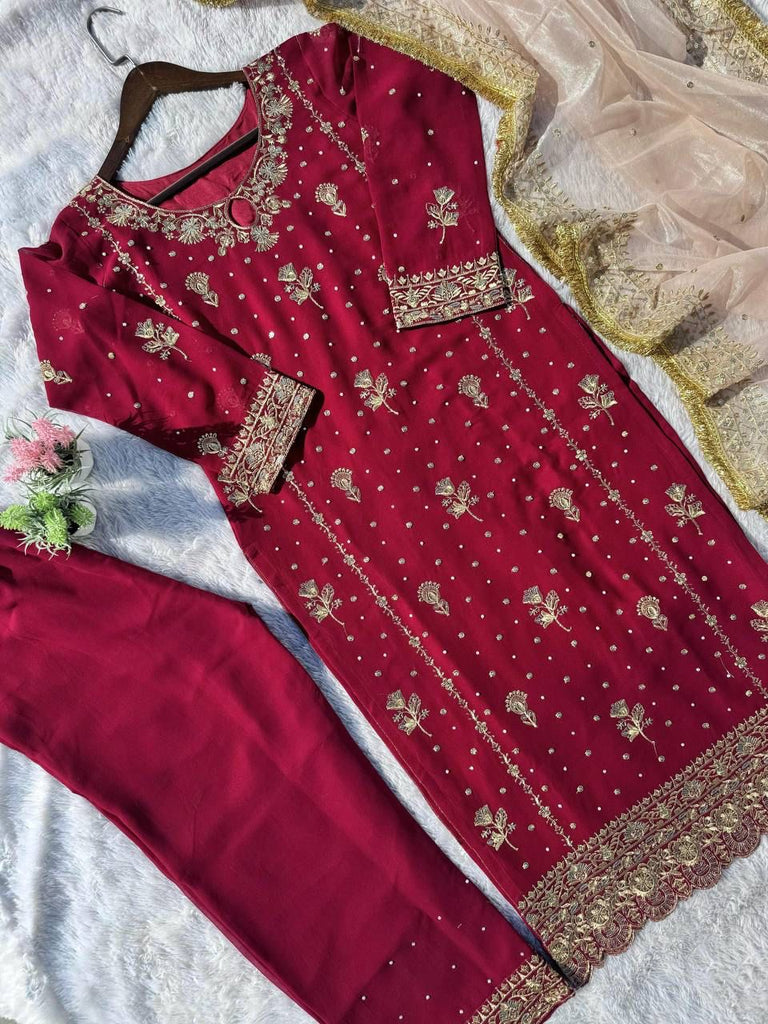Maroon Desirable Faux Georgette Co-Ord Set with Sequin Top, Pant & Dupatta Fully Stitched ClothsVilla