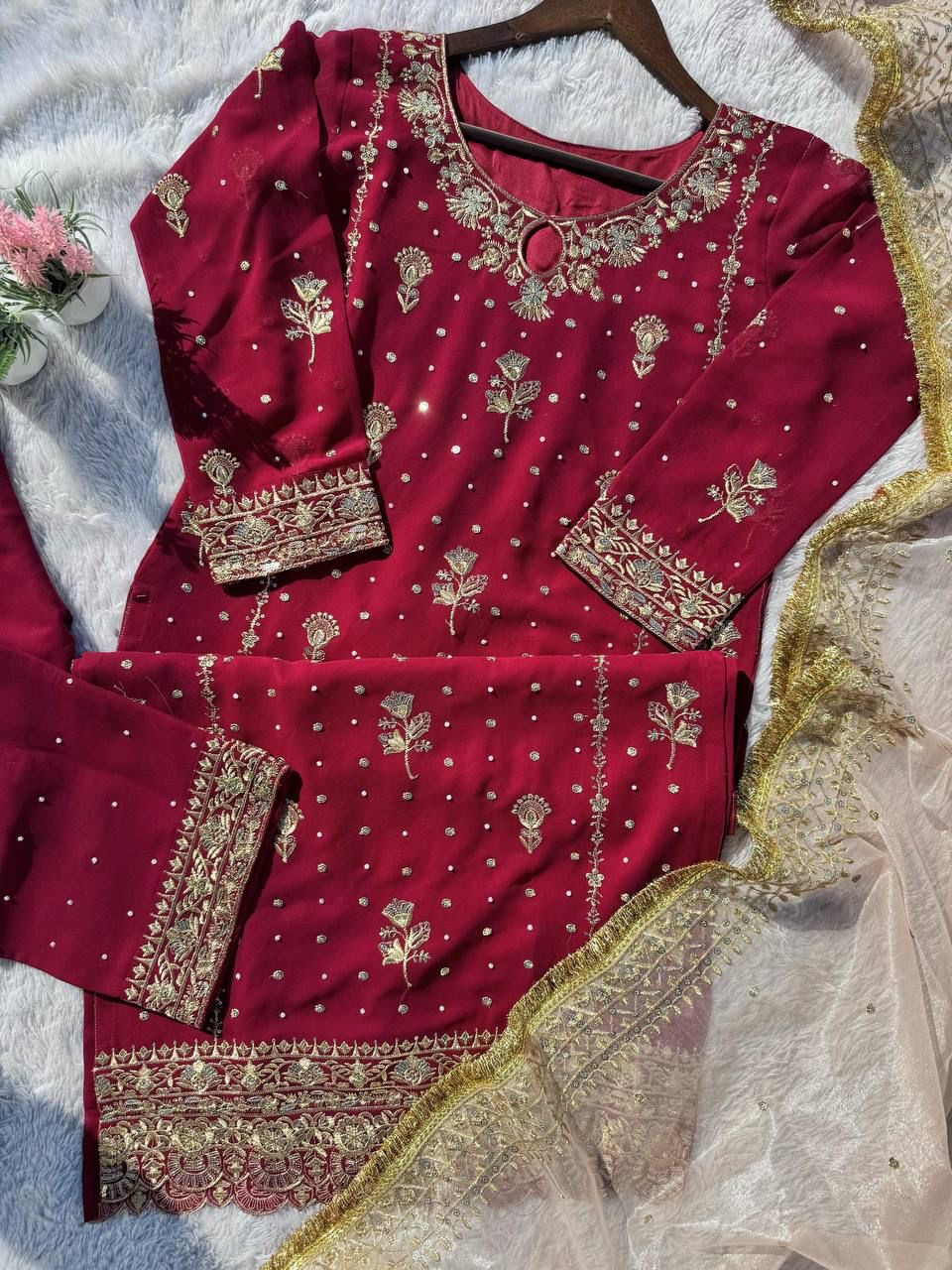 Maroon Desirable Faux Georgette Co-Ord Set with Sequin Top, Pant & Dupatta Fully Stitched ClothsVilla