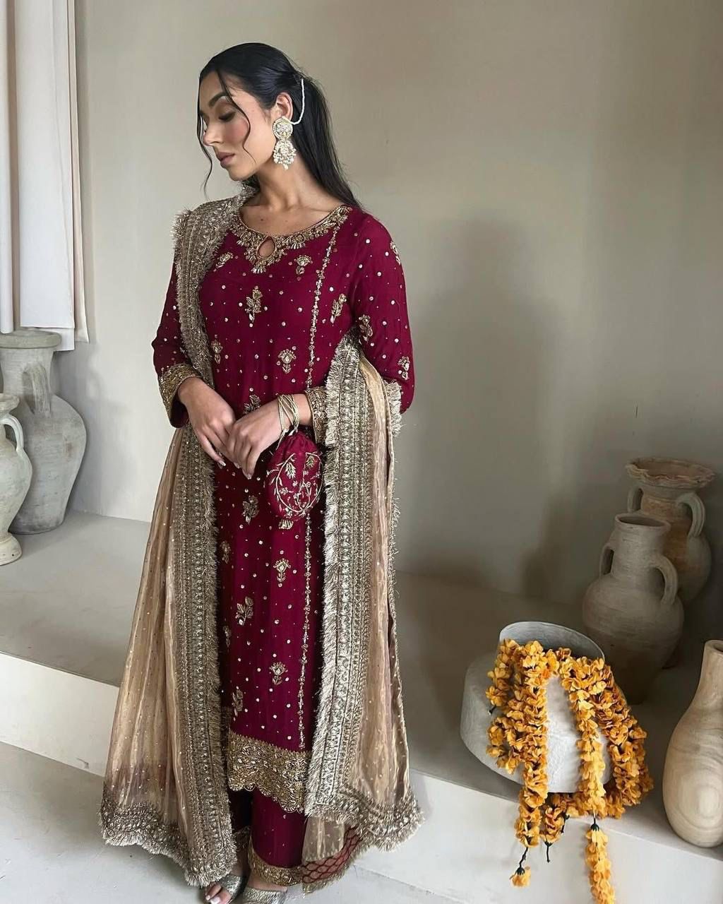 Maroon Desirable Faux Georgette Co-Ord Set with Sequin Top, Pant & Dupatta Fully Stitched ClothsVilla