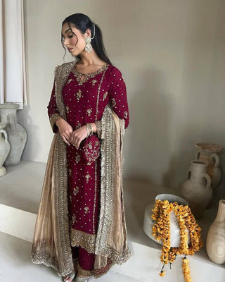 Maroon Desirable Faux Georgette Co-Ord Set with Sequin Top, Pant & Dupatta Fully Stitched ClothsVilla