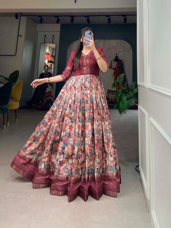 Mesmerizing Maroon Dola Silk Printed Gown with Sequins & Zari Border - Ready to Wear ClothsVilla