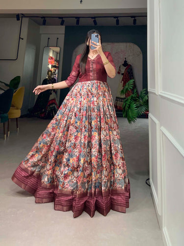 Mesmerizing Maroon Dola Silk Printed Gown with Sequins & Zari Border - Ready to Wear ClothsVilla