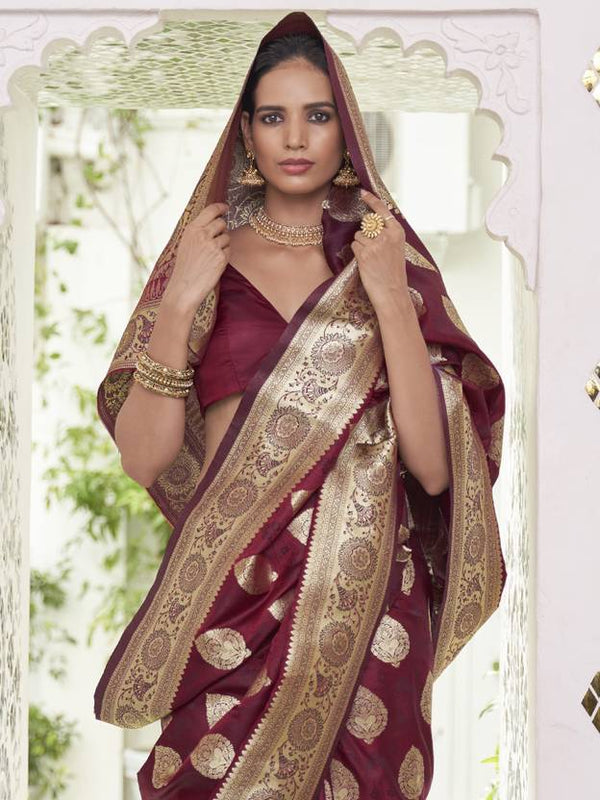 Maroon Elegant Banarasi Satin Saree with Unstitched Blouse Piece ClothsVilla