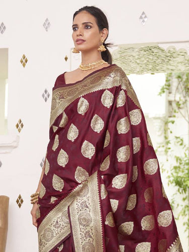 Maroon Elegant Banarasi Satin Saree with Unstitched Blouse Piece ClothsVilla