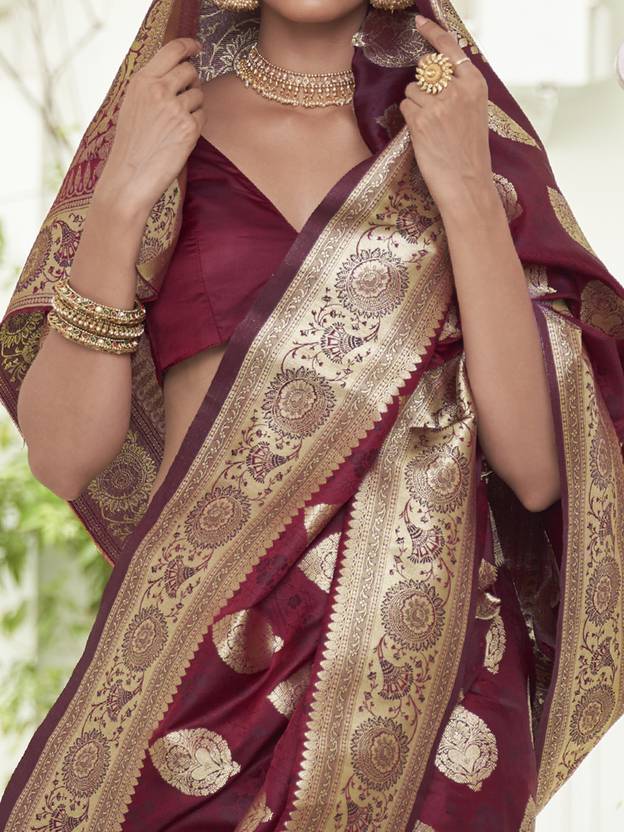 Maroon Elegant Banarasi Satin Saree with Unstitched Blouse Piece ClothsVilla