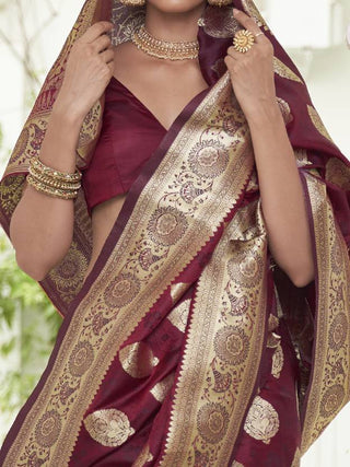 Maroon Elegant Banarasi Satin Saree with Unstitched Blouse Piece ClothsVilla