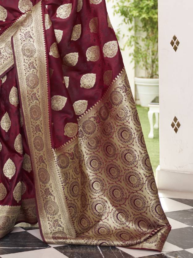 Maroon Elegant Banarasi Satin Saree with Unstitched Blouse Piece ClothsVilla