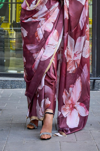 Maroon Elegant Bollywood Satin Printed Saree – Party & Festive Wear ClothsVilla