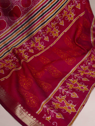 Maroon Elegant Chanderi Printed Saree with Temple Border & Matching Blouse ClothsVilla