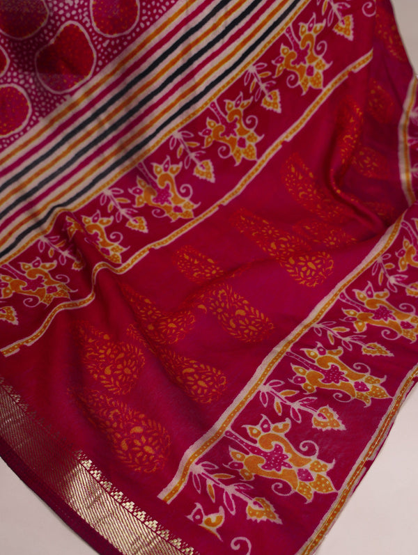 Maroon Elegant Chanderi Printed Saree with Temple Border & Matching Blouse ClothsVilla