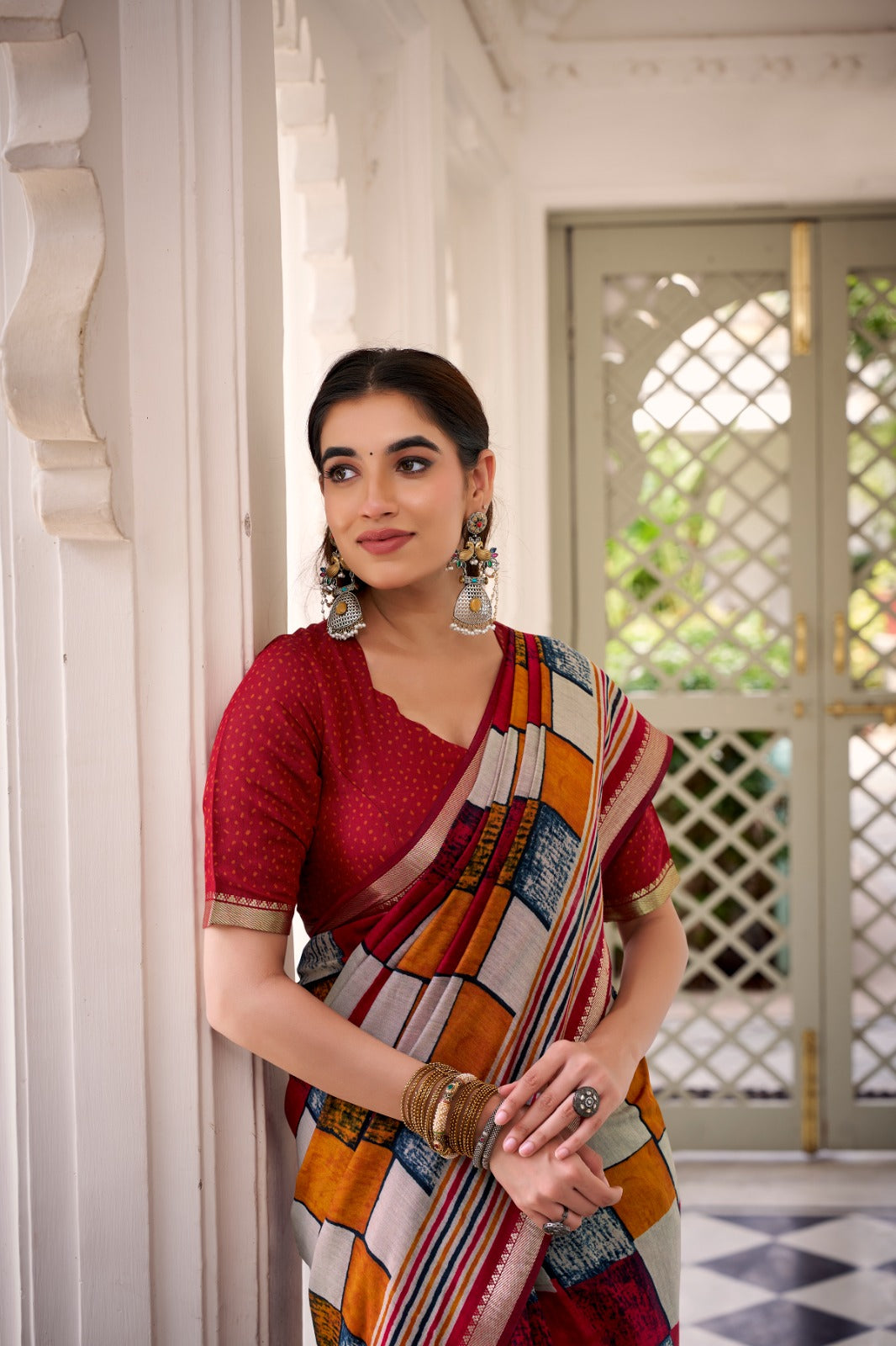 Maroon Elegant Chanderi Printed Saree with Temple Border & Matching Blouse ClothsVilla