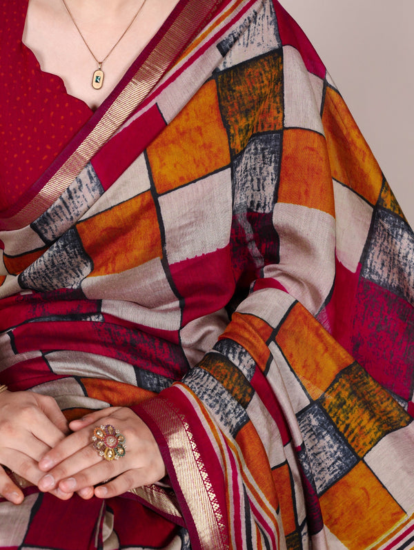 Maroon Elegant Chanderi Printed Saree with Temple Border & Matching Blouse ClothsVilla