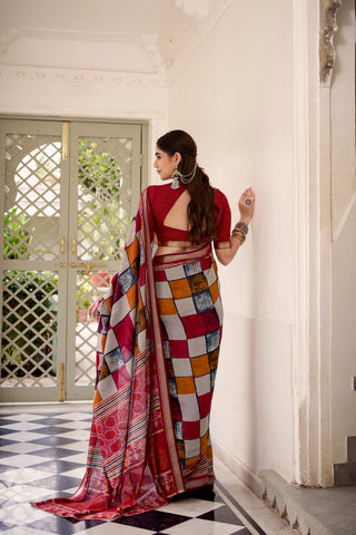 Maroon Elegant Chanderi Printed Saree with Temple Border & Matching Blouse ClothsVilla