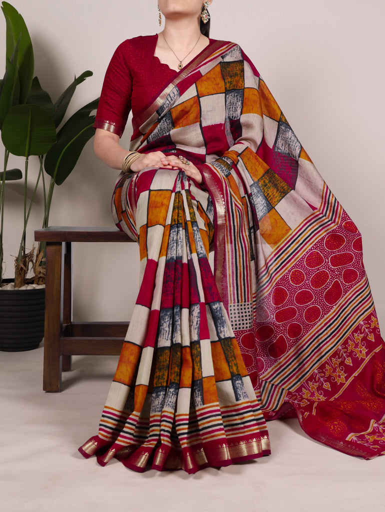 Maroon Elegant Chanderi Printed Saree with Temple Border & Matching Blouse ClothsVilla