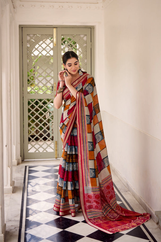 Maroon Elegant Chanderi Printed Saree with Temple Border & Matching Blouse ClothsVilla
