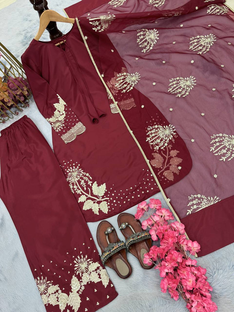 Maroon Elegant Embroidered Crepe Palazzo Set with Dupatta ClothsVilla