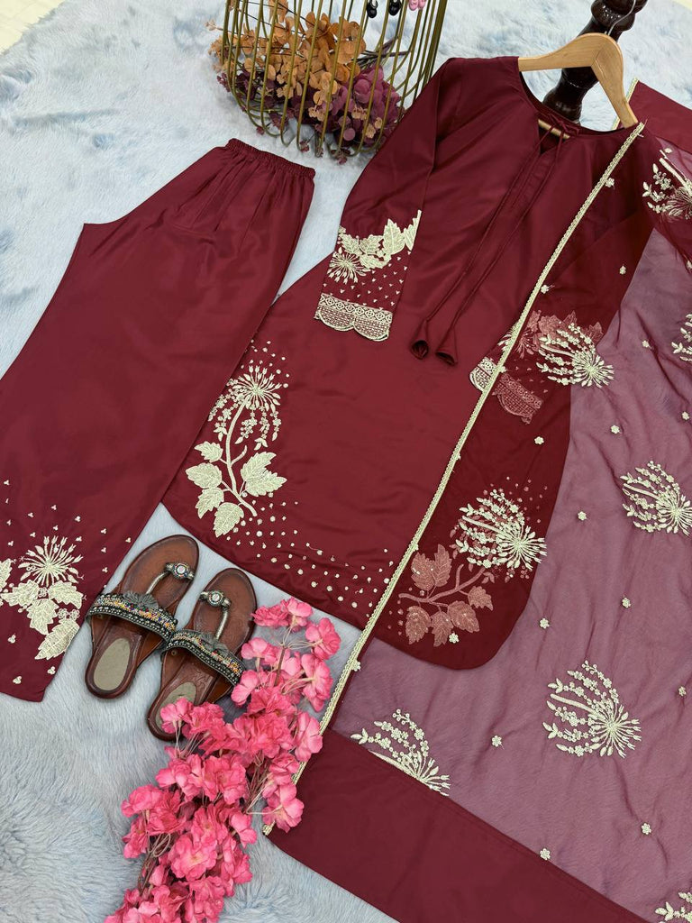 Maroon Elegant Embroidered Crepe Palazzo Set with Dupatta ClothsVilla