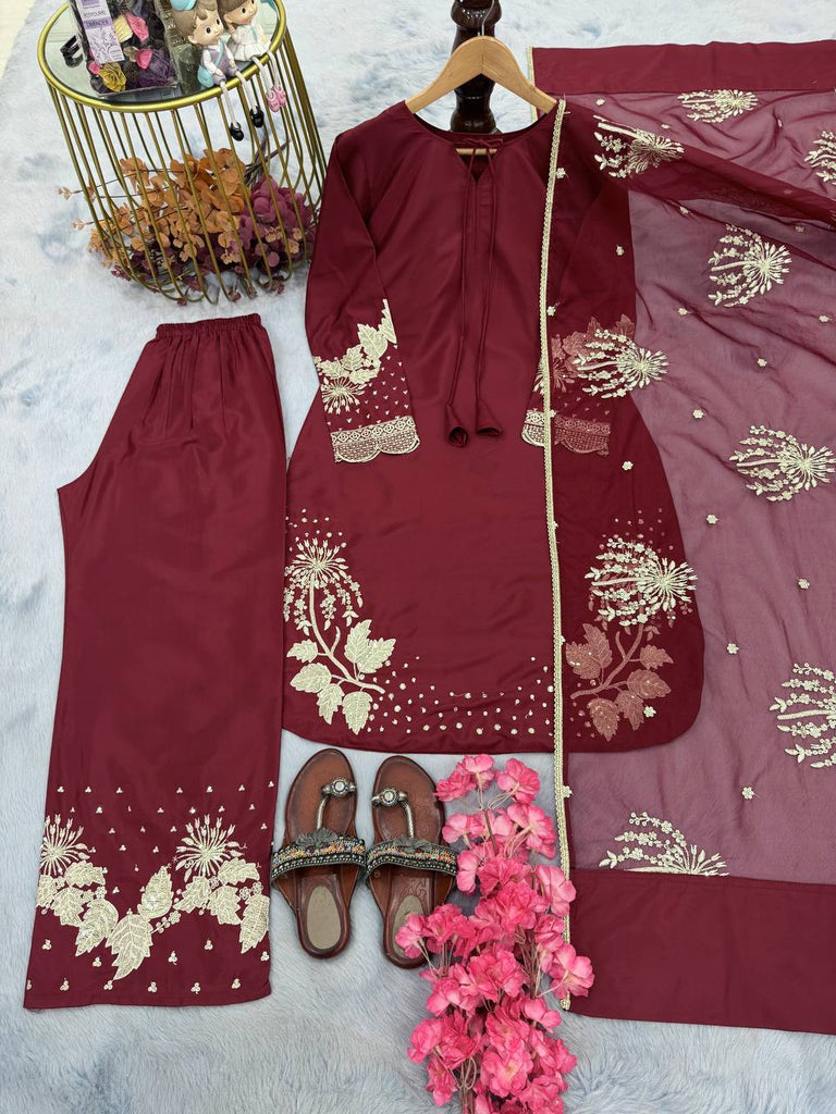 Maroon Elegant Embroidered Crepe Palazzo Set with Dupatta ClothsVilla