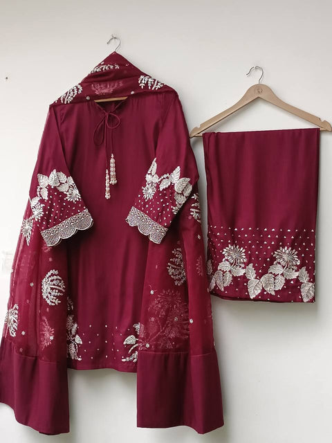 Maroon Elegant Embroidered Crepe Palazzo Set with Dupatta ClothsVilla Main image