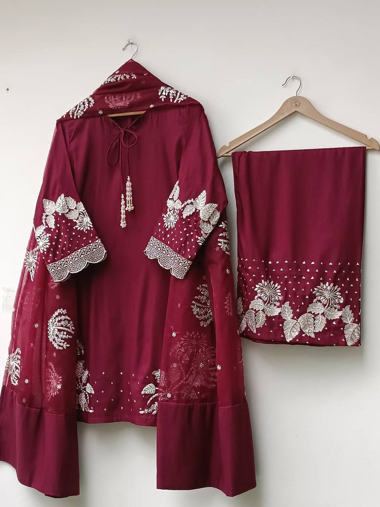 Maroon Elegant Embroidered Crepe Palazzo Set with Dupatta ClothsVilla