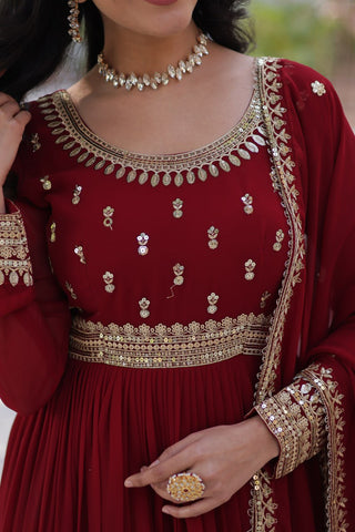 Maroon Elegant Faux Blooming Embroidered Gown with Dupatta