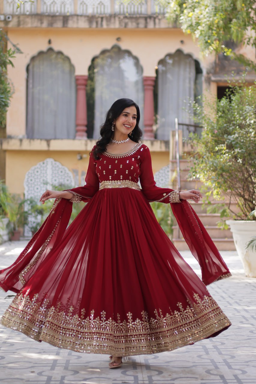 Maroon Elegant Faux Blooming Embroidered Gown with Dupatta