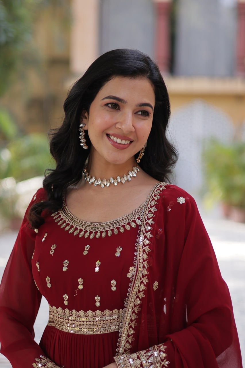 Maroon Elegant Faux Blooming Embroidered Gown with Dupatta